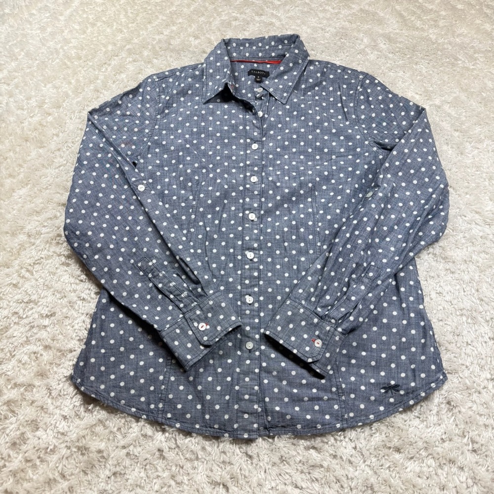 Talbots Shirt Women's 8 Button Down Blue White Polka Dot Long Sleeve Coquette